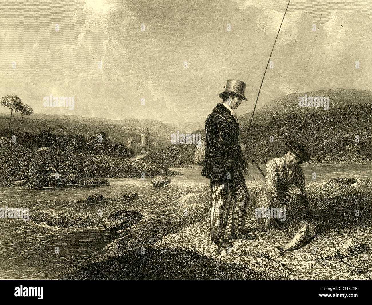 Circa 1870 incisione, la pesca alla trota. Foto Stock