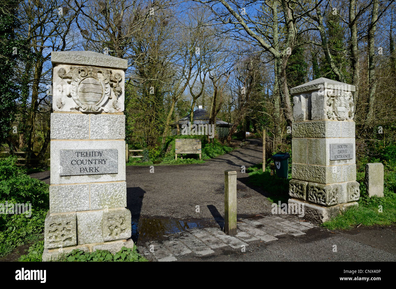 L'ingresso al paese Tehidy park vicino a Camborne in Cornwall, Regno Unito Foto Stock