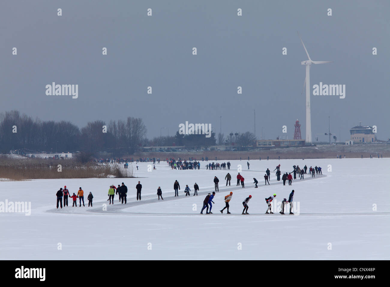 Pattinatore su ghiaccio sulla congelati Ijsselmeer, Paesi Bassi, Frisia, Ijsselmeer Foto Stock
