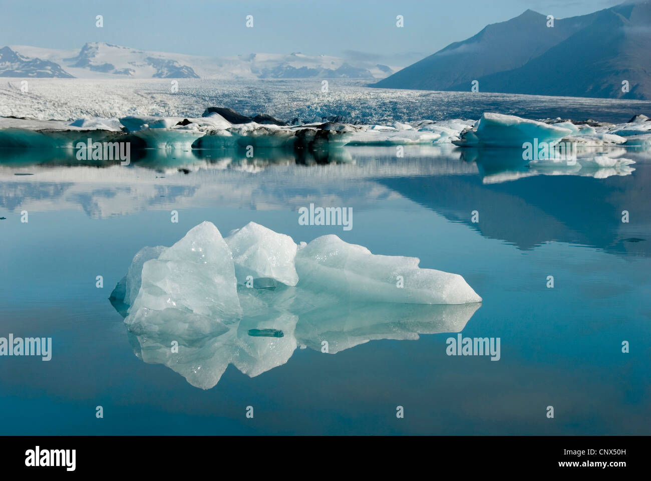 Il lago glaciale Joekulsarlon pieno di ghiaccio in fusione di fronte del ghiacciaio Breidamerkurjoekull, Islanda Foto Stock