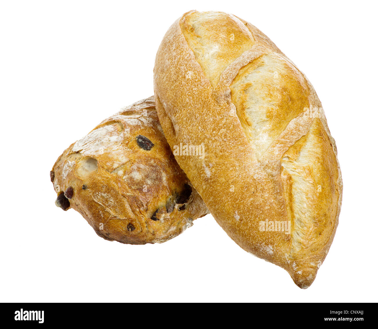 Due nuove forme di pane isolato su bianco Foto Stock