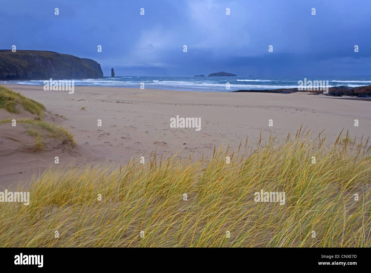 Seascape e duna costiera sistema guardando verso Am Buachaille, Sandwood Bay, Regno Unito, Scozia, Sutherland Foto Stock