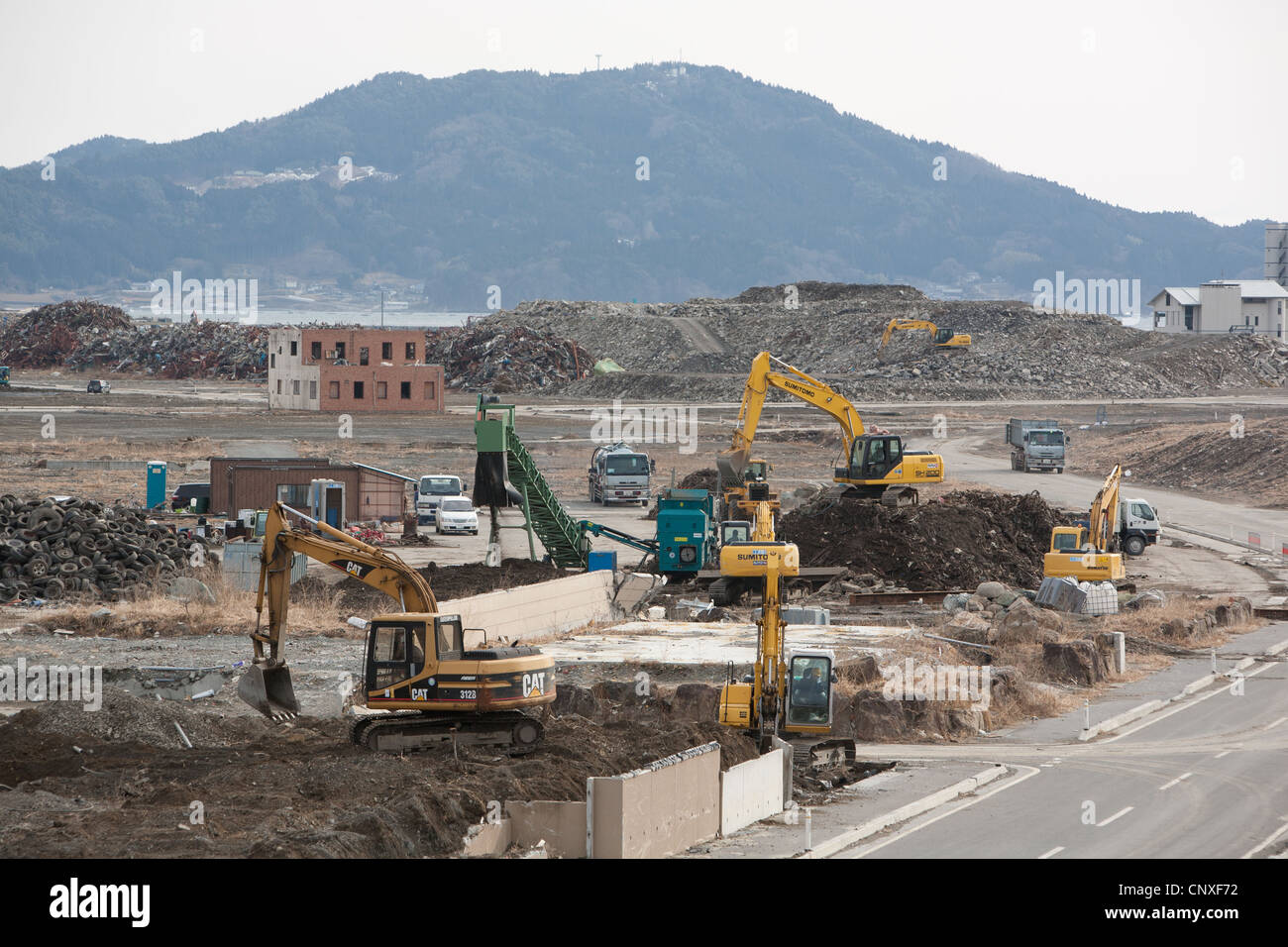 Conseguenze del 11 marzo 2011 dallo tsunami di Rikuzentakata, Tohoku, Giappone. Foto Stock