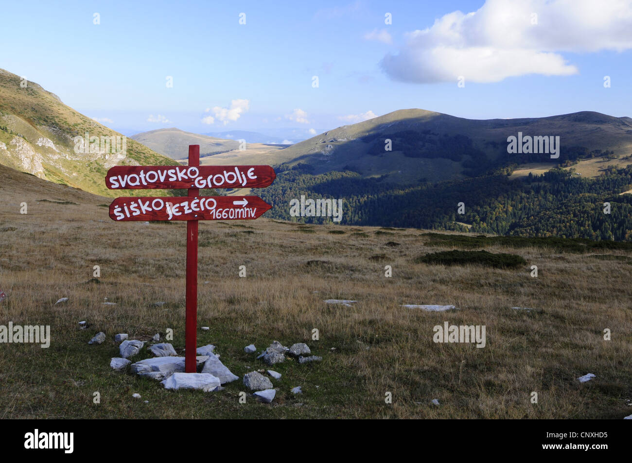 Segni di direzione nella regione montagnosa, Montenegro, Nationalpark Biogradska Gora Foto Stock