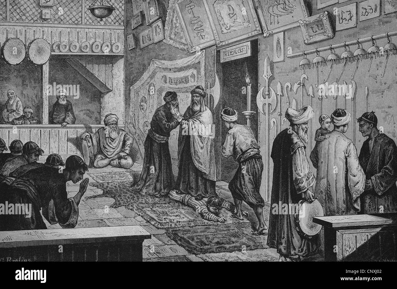 La guarigione miracolosa nel monastero dei dervisci urlando a Scutari, oggi Shkodra, Albania, storica incisione, 1883 Foto Stock