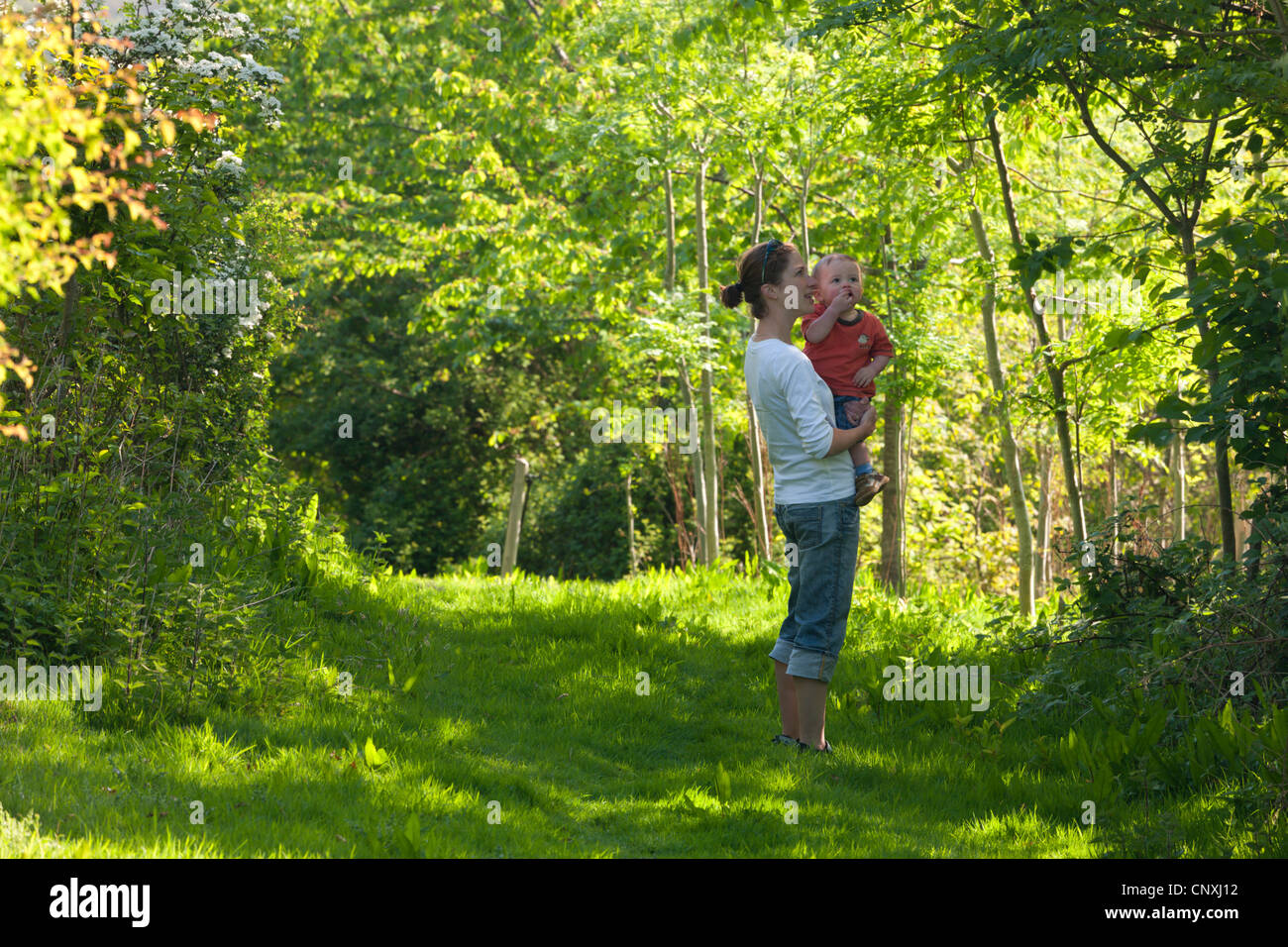 La madre e il bimbo di un anno in piedi in un bosco di latifoglie, Cutteridge legno, Devon, Inghilterra. Molla (aprile 2011). Foto Stock
