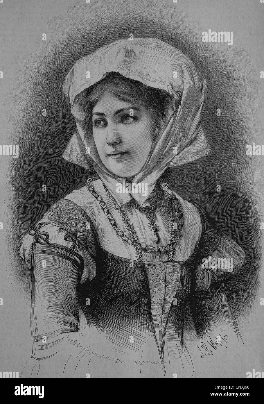 Tedesco ragazza bourgeouis dal XVI secolo, storica incisione, 1883 Foto Stock