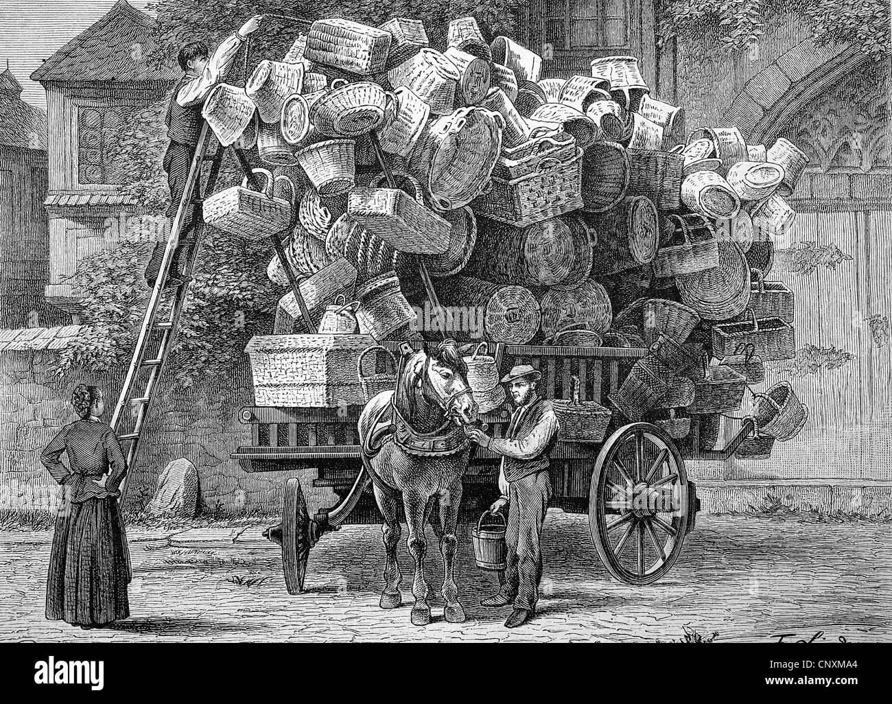 Renania commerciante il suo carro, basket trader, storica incisione, 1883 Foto Stock