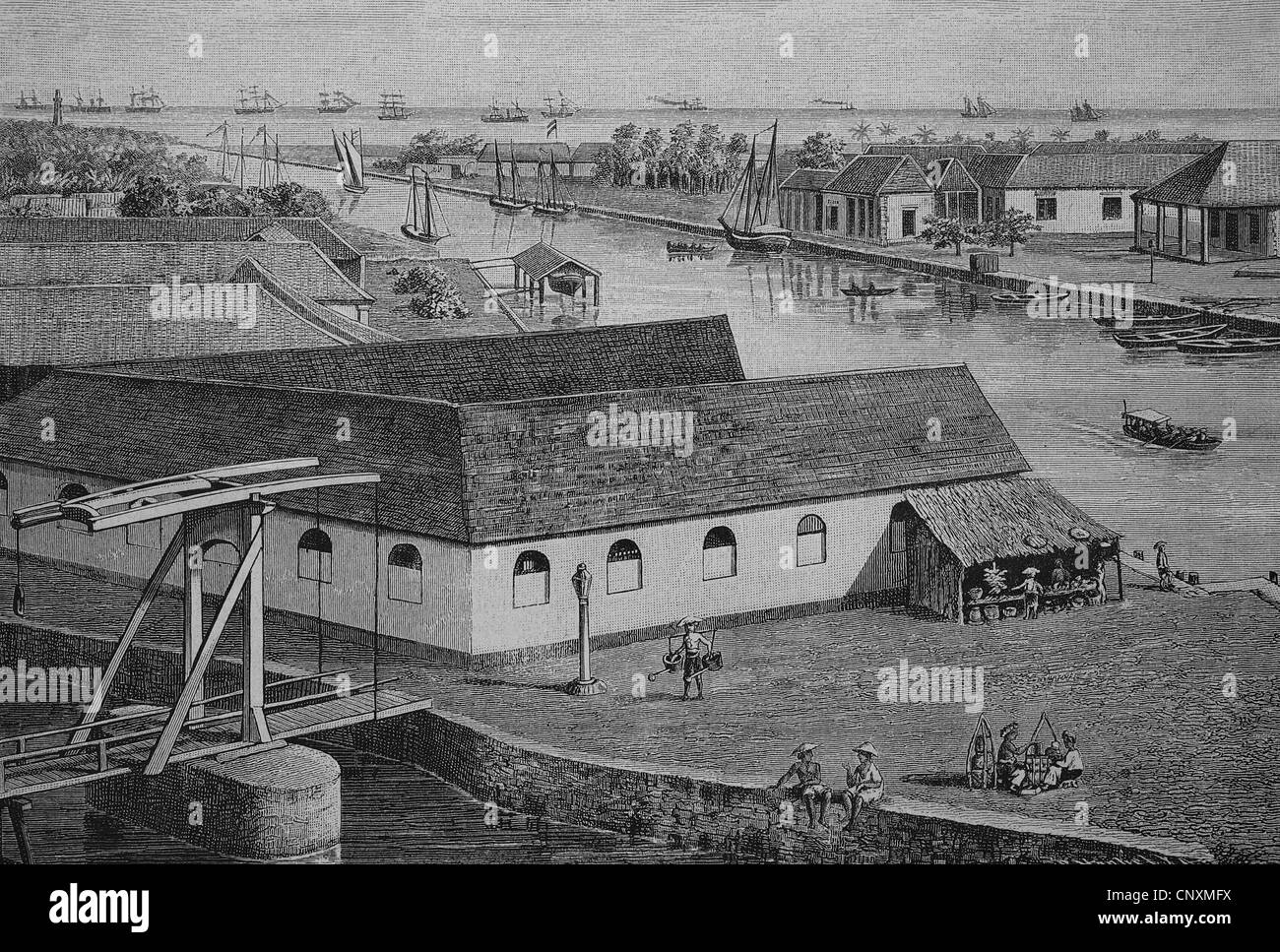 Sul canale e sul porto di Batavia, ora di Jakarta, Indonesia, storica incisione, 1883 Foto Stock