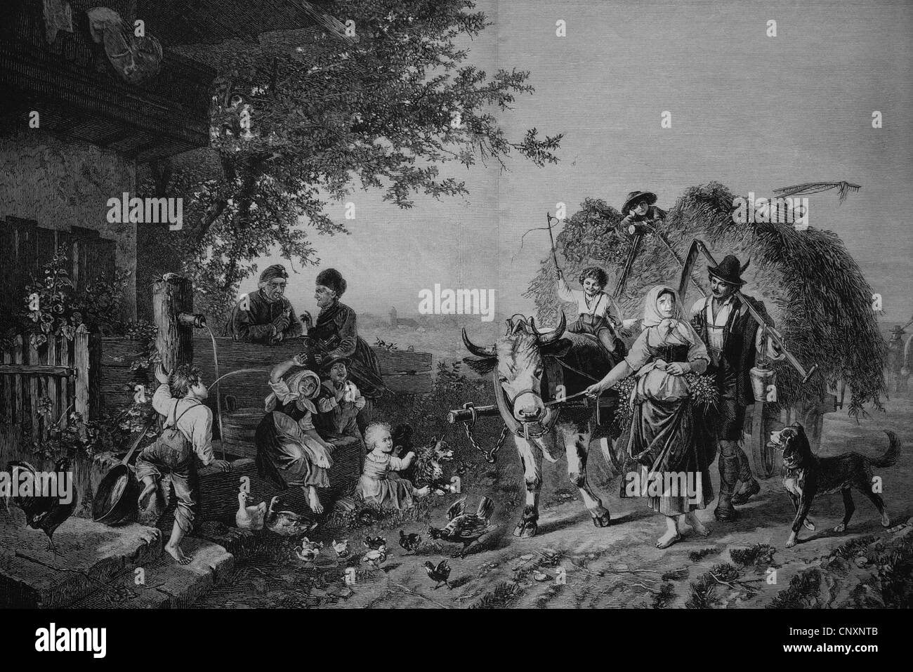 Il fieno raccolto, incisione storica, circa 1885 Foto Stock