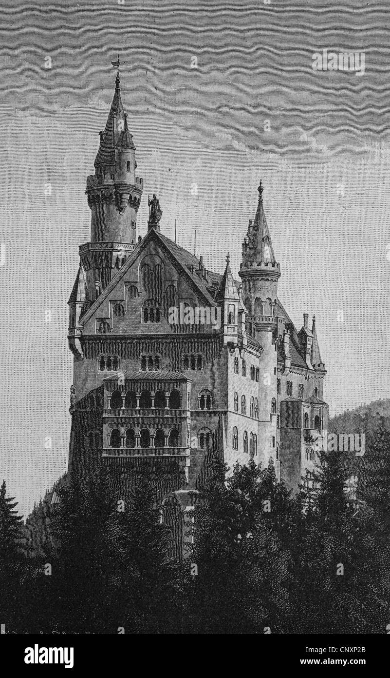 Schloss Castello di Neuschwanstein, Baviera, Germania, nel 1883, storica incisione, circa 1885 Foto Stock