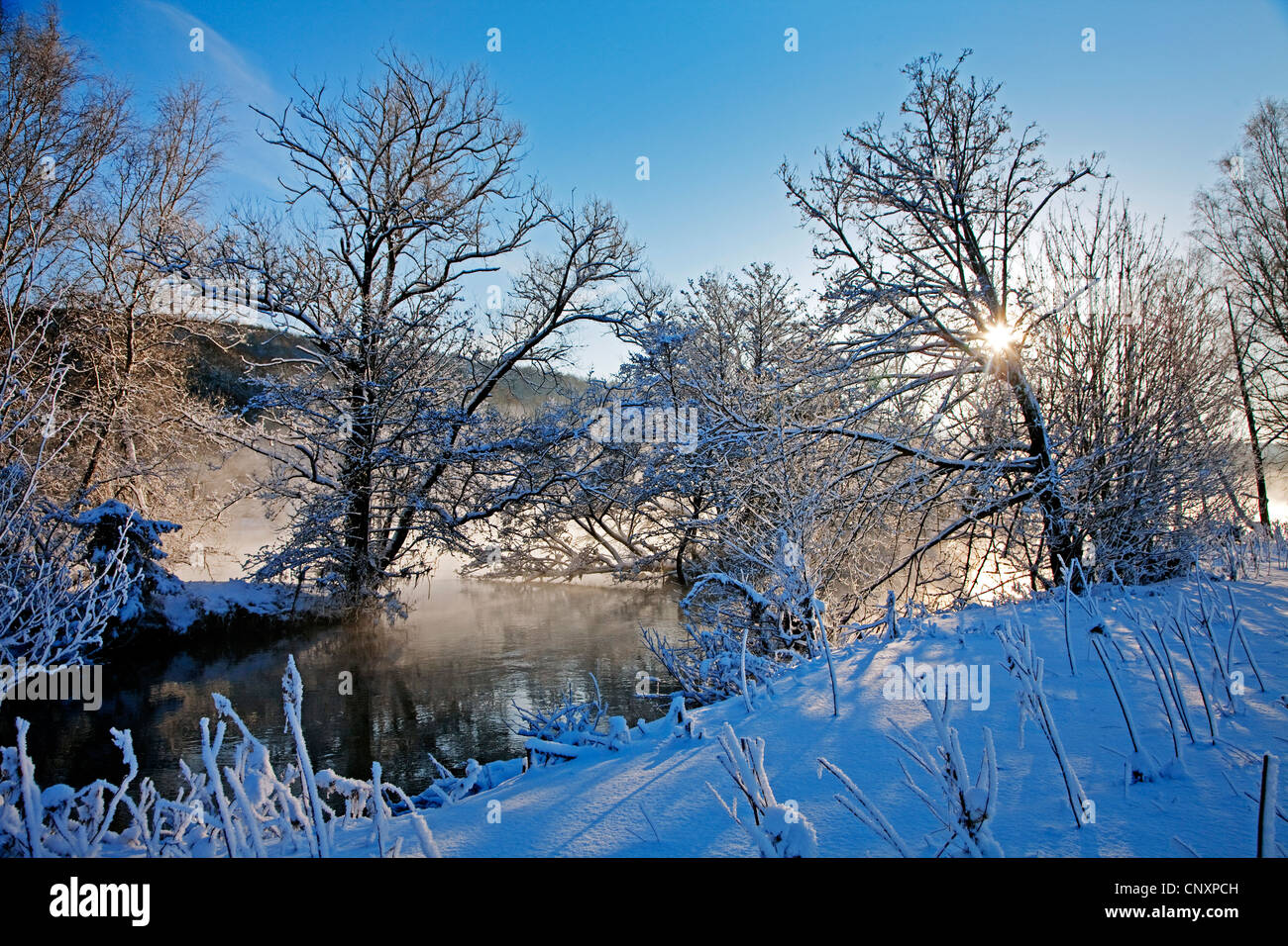 Fiume Ruhr valley in Bommern in inverno, in Germania, in Renania settentrionale-Vestfalia, la zona della Ruhr, Witten Foto Stock