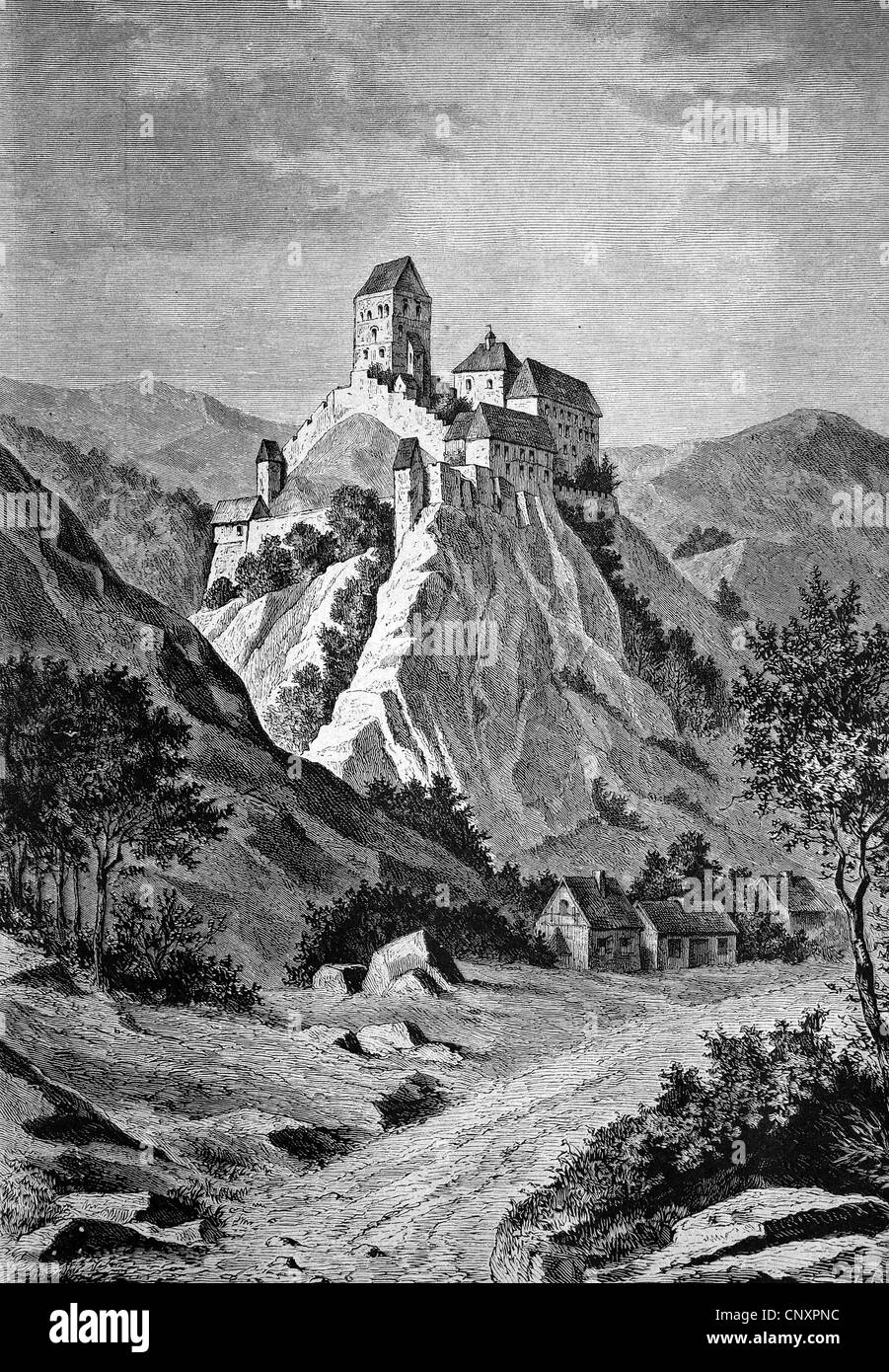 Il castello di Karloetejn, il castello di Karlstein, Repubblica Ceca, storica incisione di 1883 Foto Stock