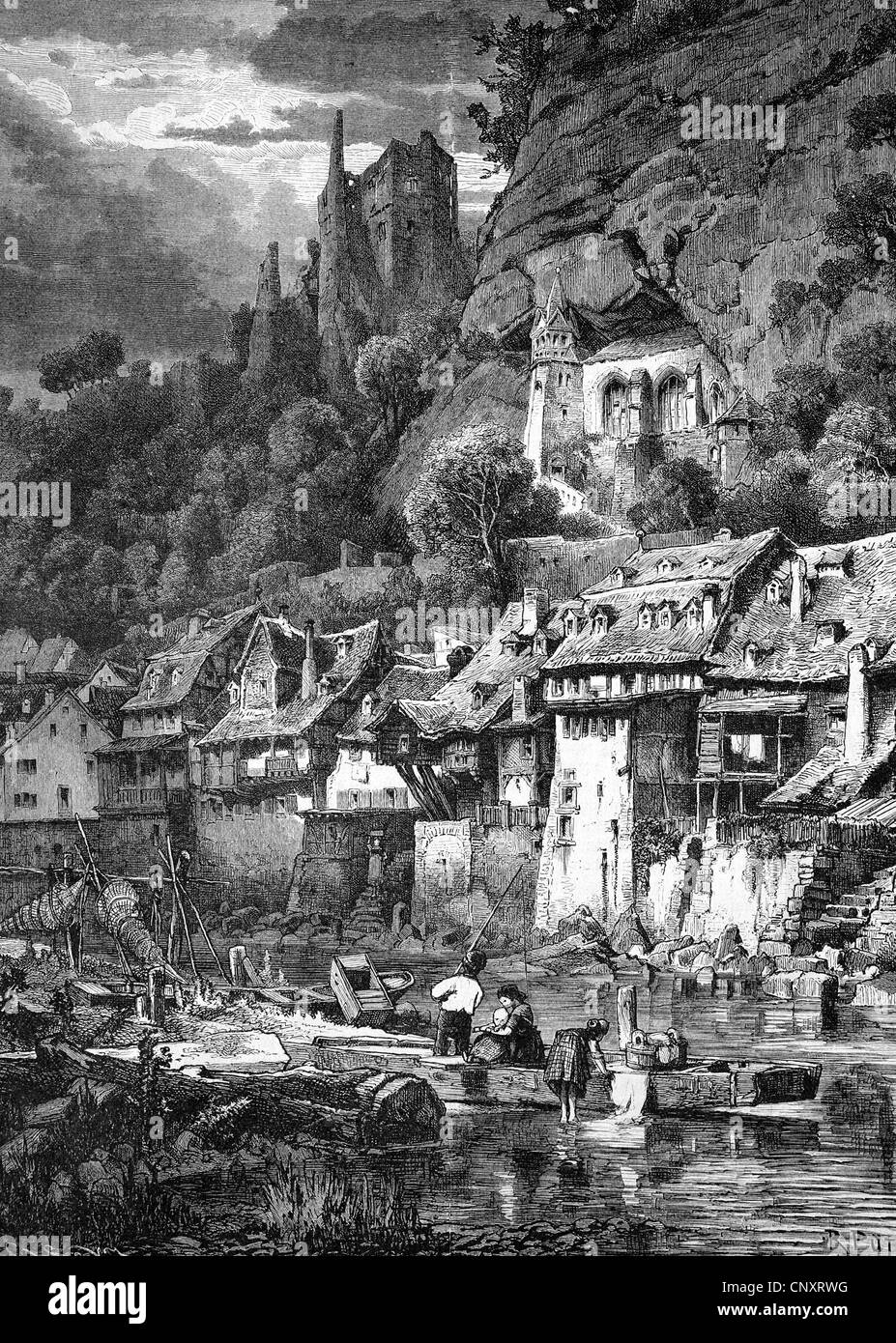 Oberstein sul fiume Nahe, oggi Idar-Oberstein, Renania-Palatinato, Germania, storica incisione, 1888 Foto Stock