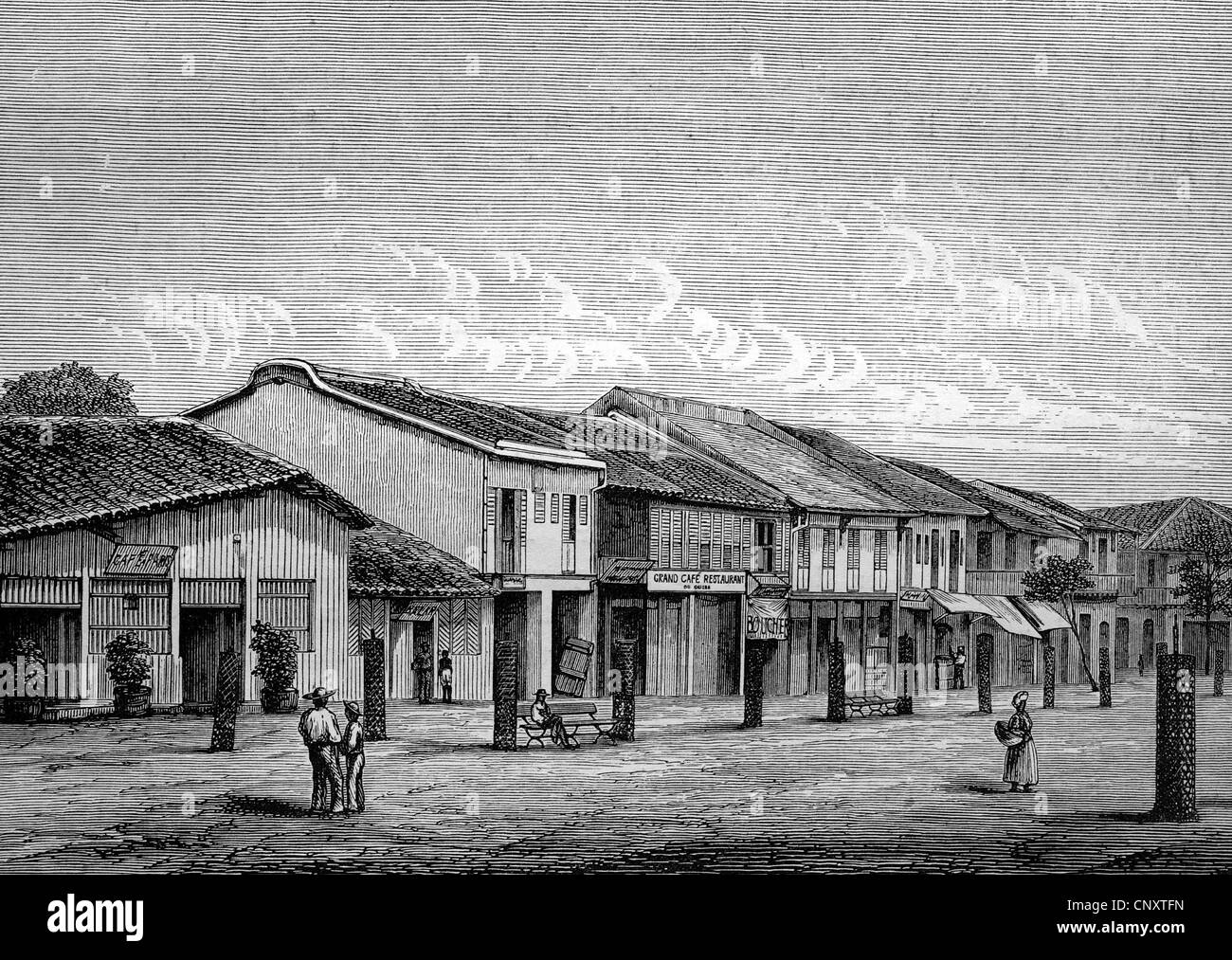 Tipica strada a Saigon, Vietnam, storico illustrazione, incisione su legno, circa 1888 Foto Stock