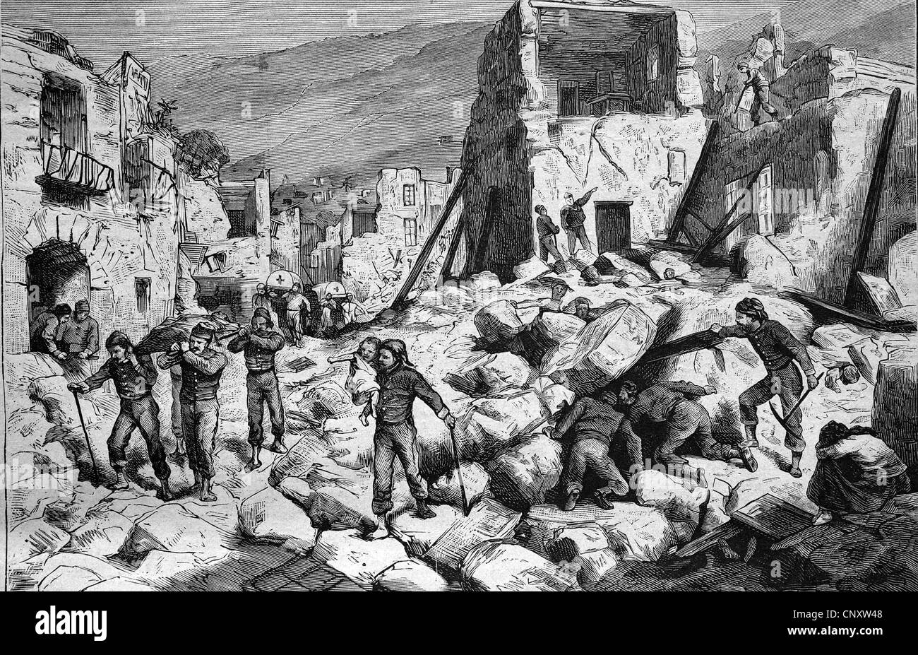 Dopo il terremoto di Ischia, 1883, l'Italia, storica incisione, 1888 Foto Stock