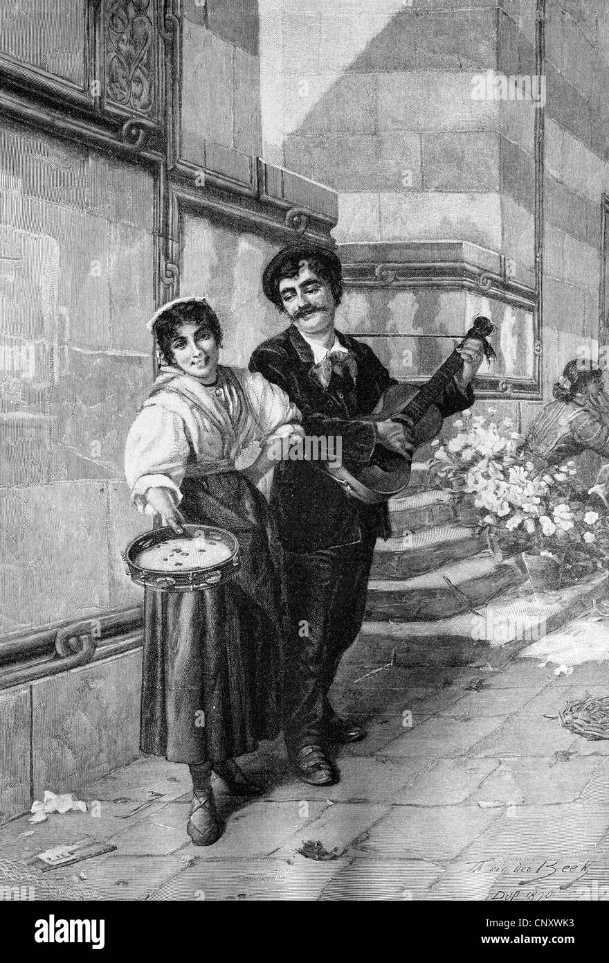 Italiana Cantanti di strada, storica incisione su legno, circa 1897 Foto Stock