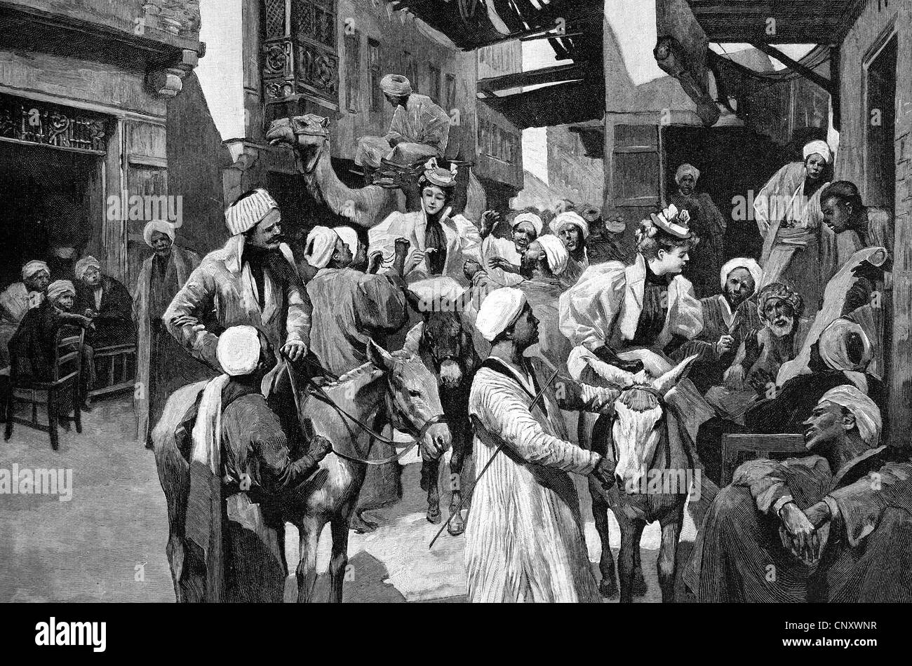 Commercianti di strada del Cairo in Egitto, la storica incisione su legno, circa 1897 Foto Stock