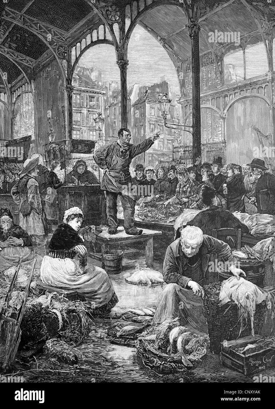 Mercato del pesce nel mercato sale di Parigi, Francia, la storica incisione su legno, circa 1888 Foto Stock