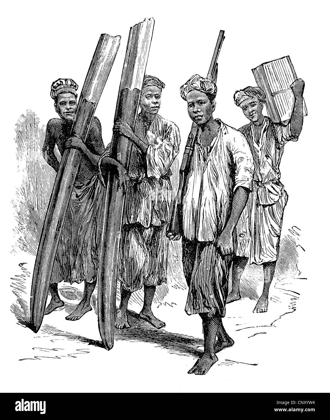 Onere nativo portatori di avorio di trasporto nella Repubblica democratica del Congo, storico xilografia, circa 1888 Foto Stock