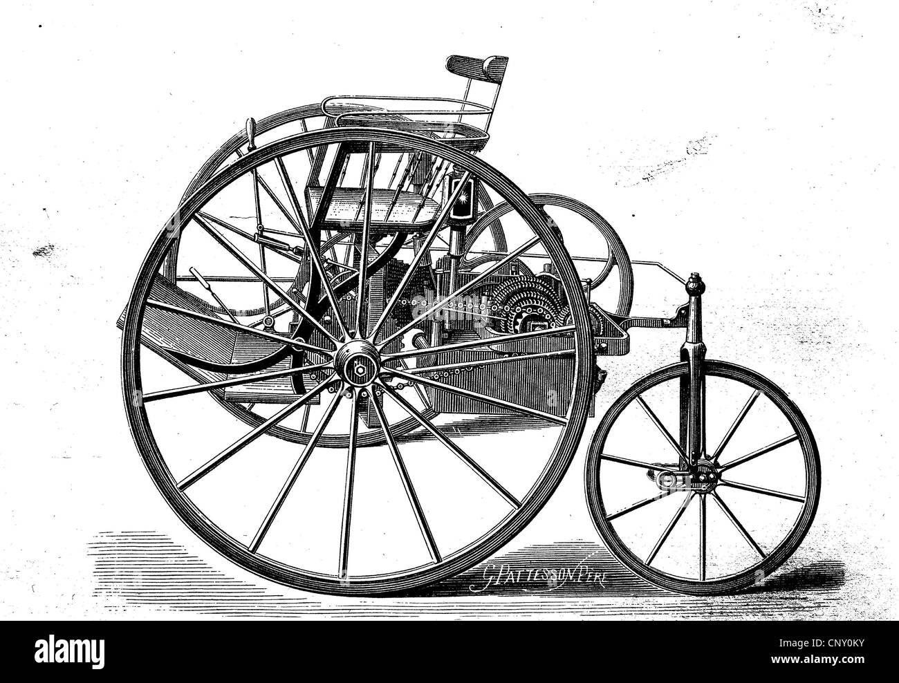 Progetto di triciclo da William Ayrton e John Perry, circa 1880, la prima auto elettrica Foto Stock