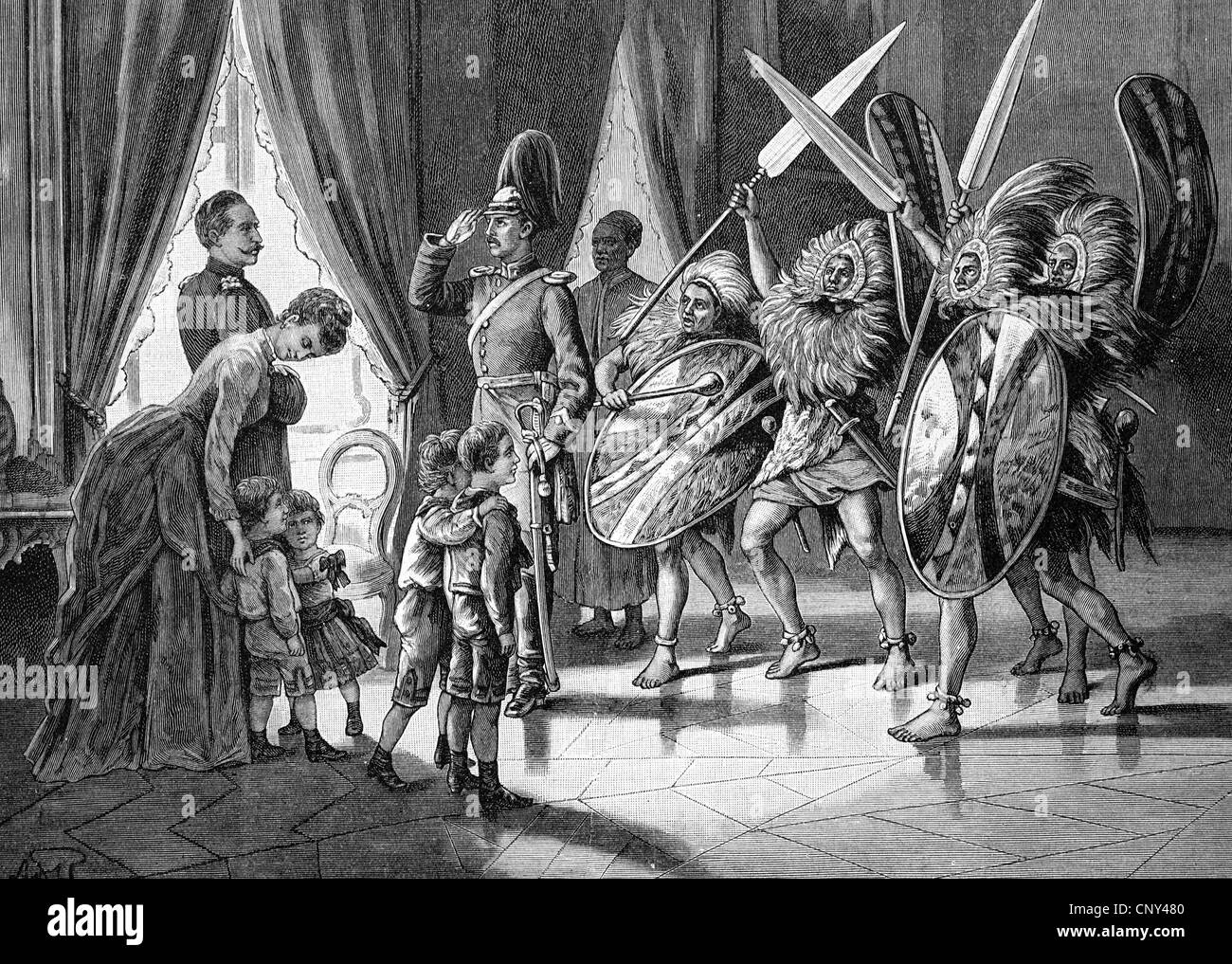 Otto Ehlers, un esploratore di Africa, presentando il nero Mandar persone all'imperatore tedesco Wilhelm, illustrazione storico, legno engr Foto Stock