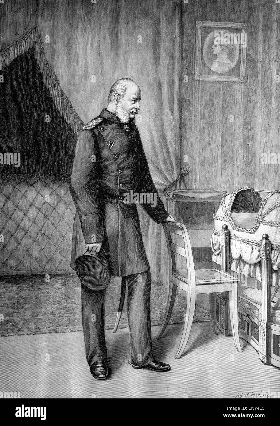 Guglielmo I, imperatore tedesco in piedi di fronte a sua culla, Museo di Hohenzollern, storico illustrazione, incisione su legno, circa Foto Stock