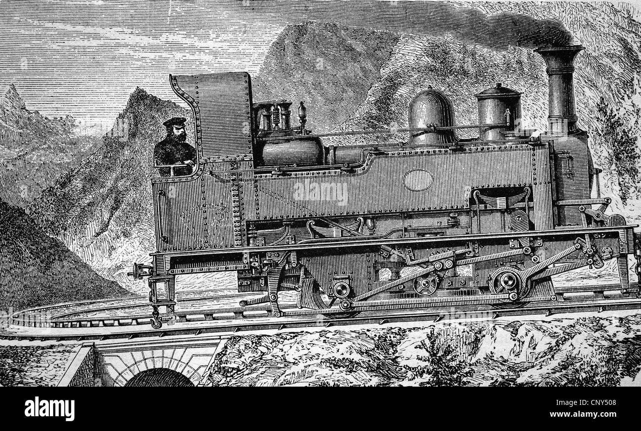 Ferrovia di montagna basata sulla montagna cadde il sistema ferroviario, storica incisione su legno, circa 1888 Foto Stock