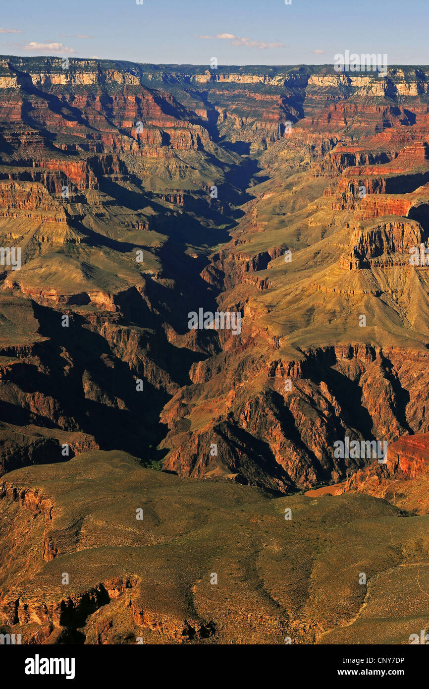 Vista al tramonto dalla Yavapai Point oltre il Bright Angel Canyon presso il bordo meridionale del Grand Canyon, STATI UNITI D'AMERICA, Arizona Foto Stock