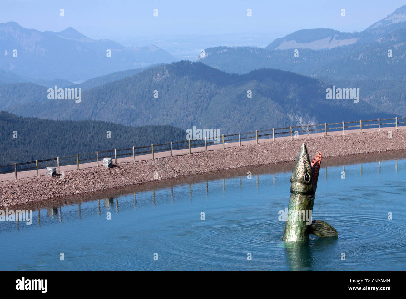 Parc triassico sulla Steinplatte, dino arrivando fino alla superficie dell'acqua, Austria, Tirolo, Waidringer Alpen Foto Stock