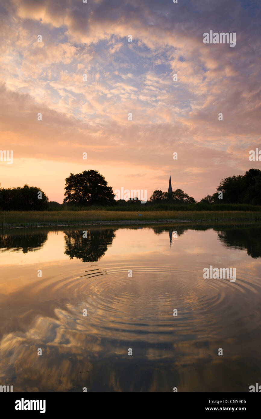 La Cattedrale di Salisbury guglia e un bel mattino cielo riflesso in un stagno increspato, Salisbury, Wiltshire, Inghilterra. Foto Stock