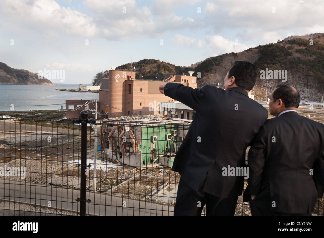 La devastazione causata dal terremoto e dallo tsunami del 11 marzo 2001 a Onagawa, Tohoku, Giappone Foto Stock