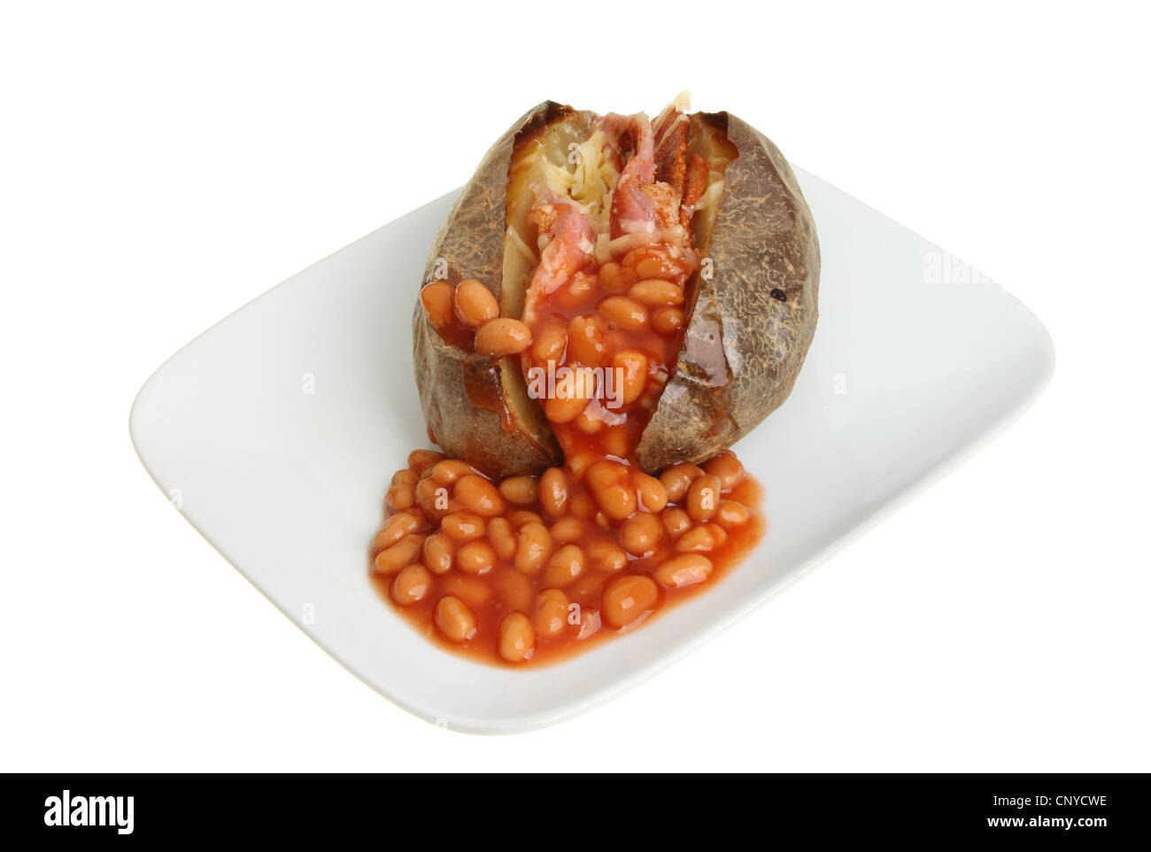 Bacon, Formaggio e fagioli al forno e rabboccato patate cotte su una piastra isolata contro bianco Foto Stock