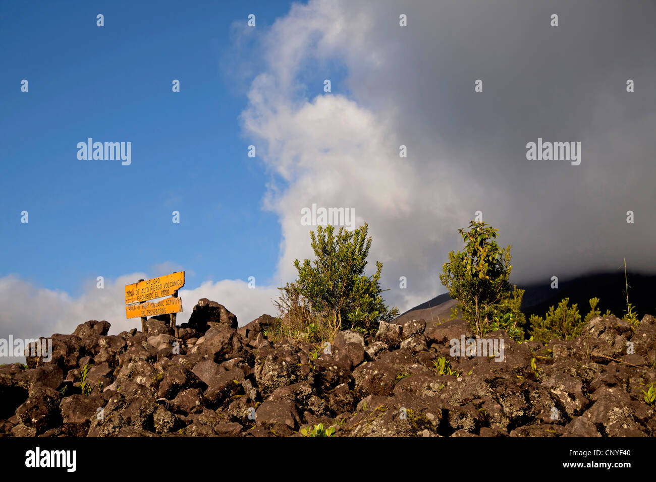 Segnaletica di pericolo il Vulcano Arenal vicino La Fortuna, Costa Rica, America Centrale Foto Stock