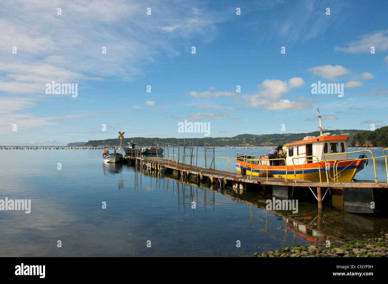 Barca da pesca e molo di Baia Teupa Chiloe Cile Foto Stock