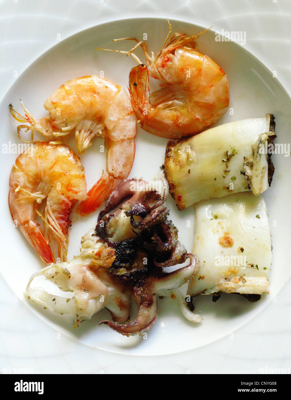 Meze di polpo, i gamberi e le seppie, Creta, Grecia Foto Stock