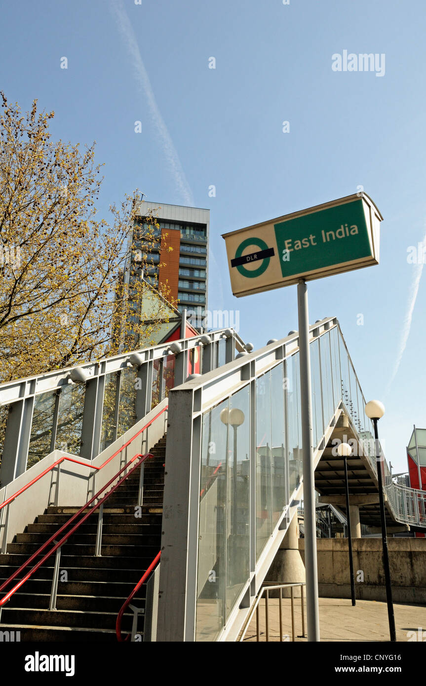 DLR East India segno stazione Leamouth Tower Hamlets Est Londra Inghilterra REGNO UNITO Foto Stock