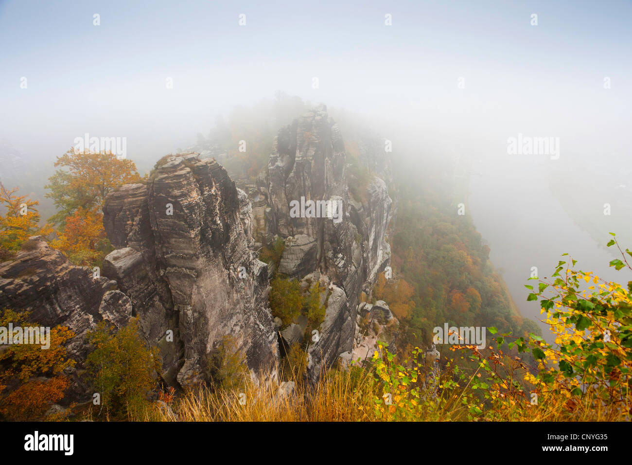 Bastei rock formazione vicino Rathen, in Germania, in Sassonia, Svizzera Sassone National Park Foto Stock