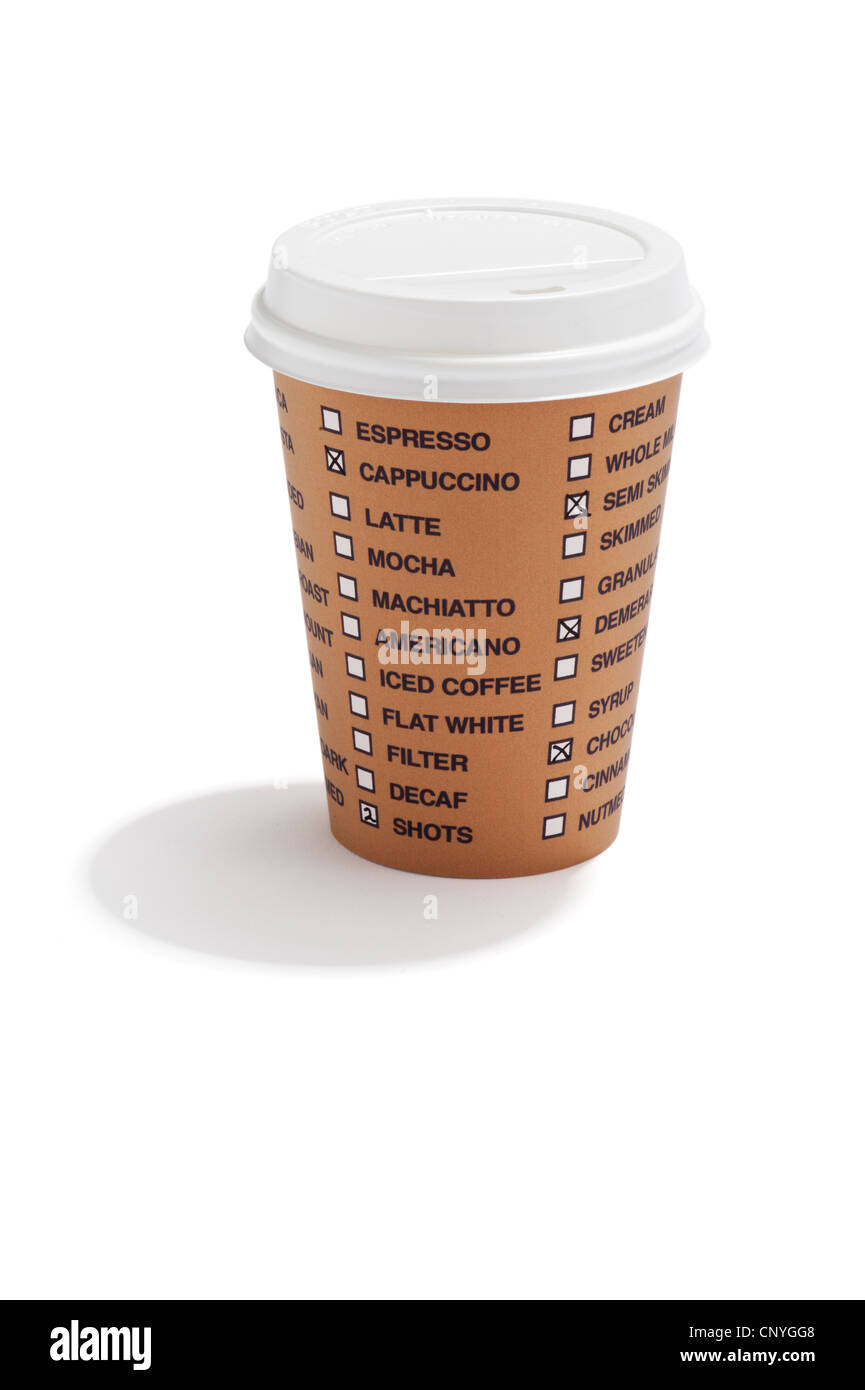 Un drink da asporto cup con un elenco di opzioni di caffè su di esso Foto Stock