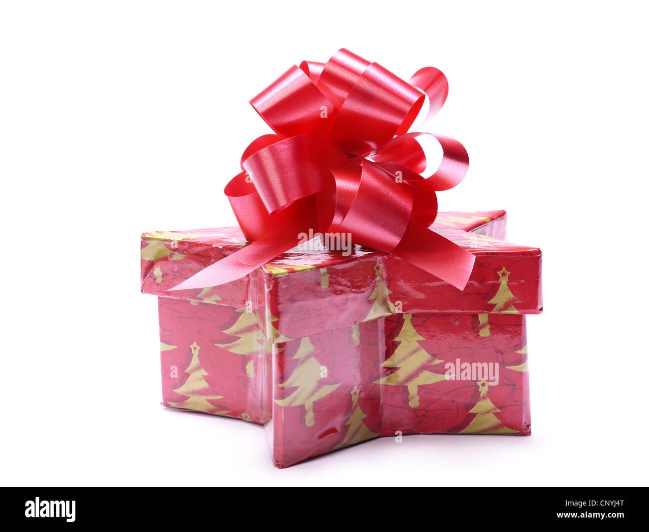 A forma di stella di Natale scatola con coccarda rosso su sfondo bianco Foto Stock