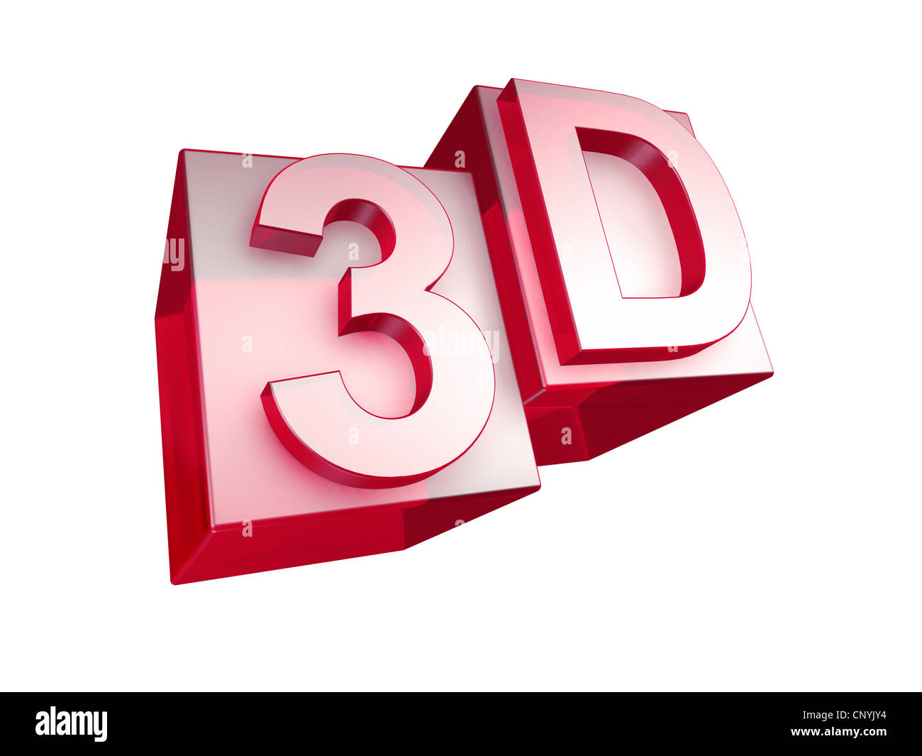 La parola 3D in rosso 3D Lettere di vetro su sfondo bianco - das Wort red aus roten 3D Buchstaben gesetzt Foto Stock