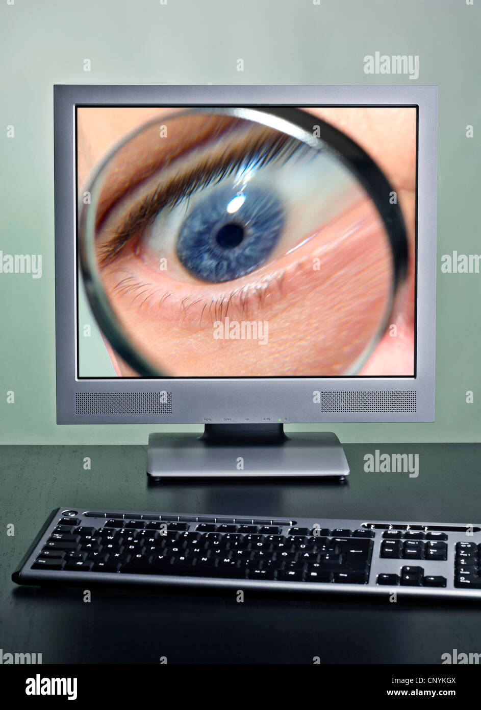 Occhio con una lente di ingrandimento sullo schermo di un computer come un simbolo per il monitoraggio tramite Internet. Foto Stock