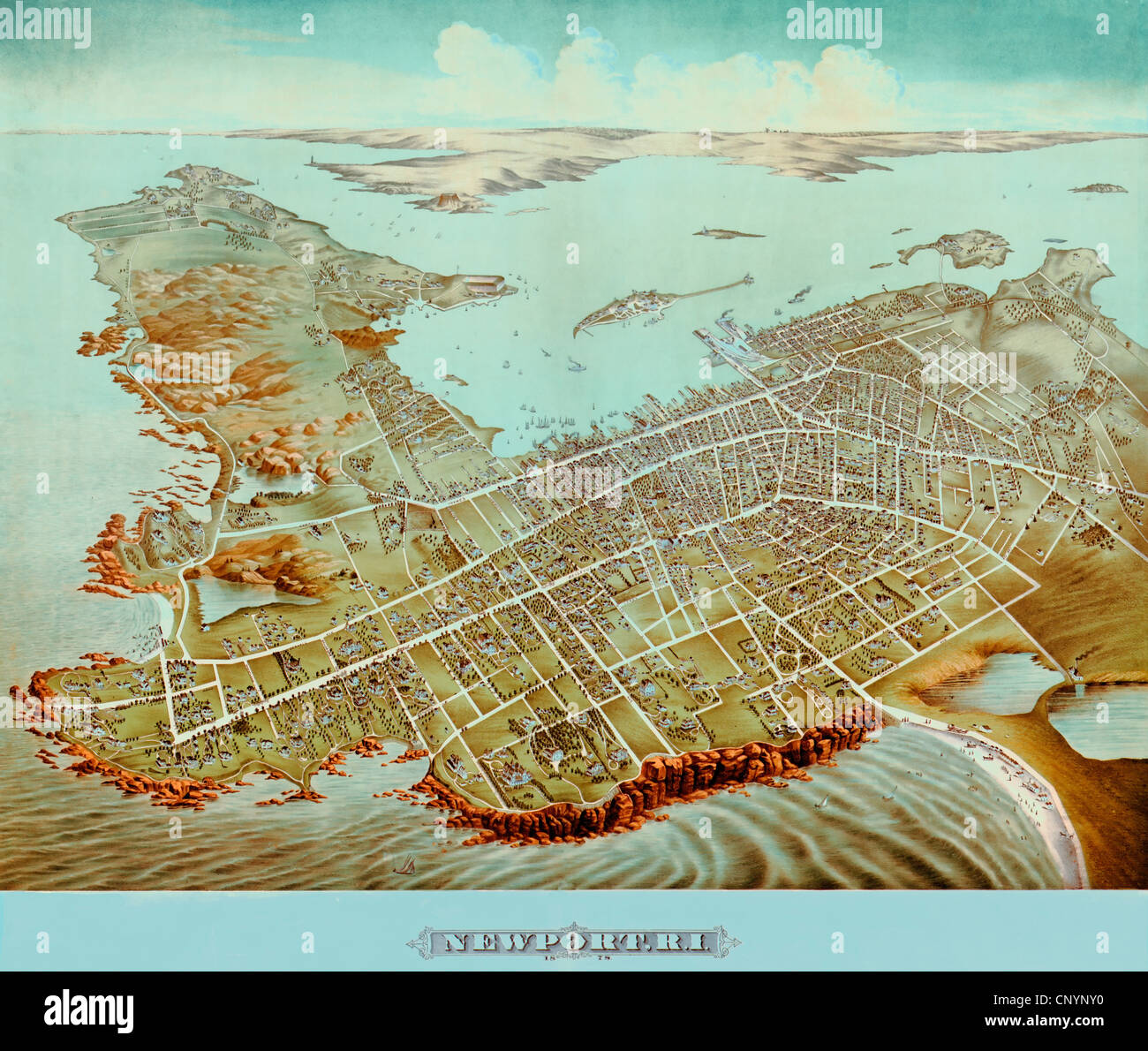 Birds Eye view di Newport, Rhode Island, circa 1879 Foto Stock