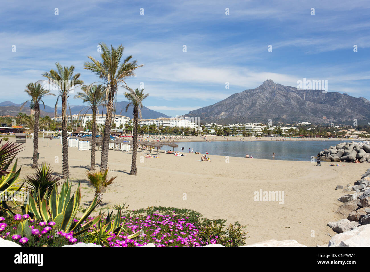 Puerto Banus a Marbella, Costa del Sol, Andalusia. Vista della spiaggia di La Concha mountain in background. Foto Stock