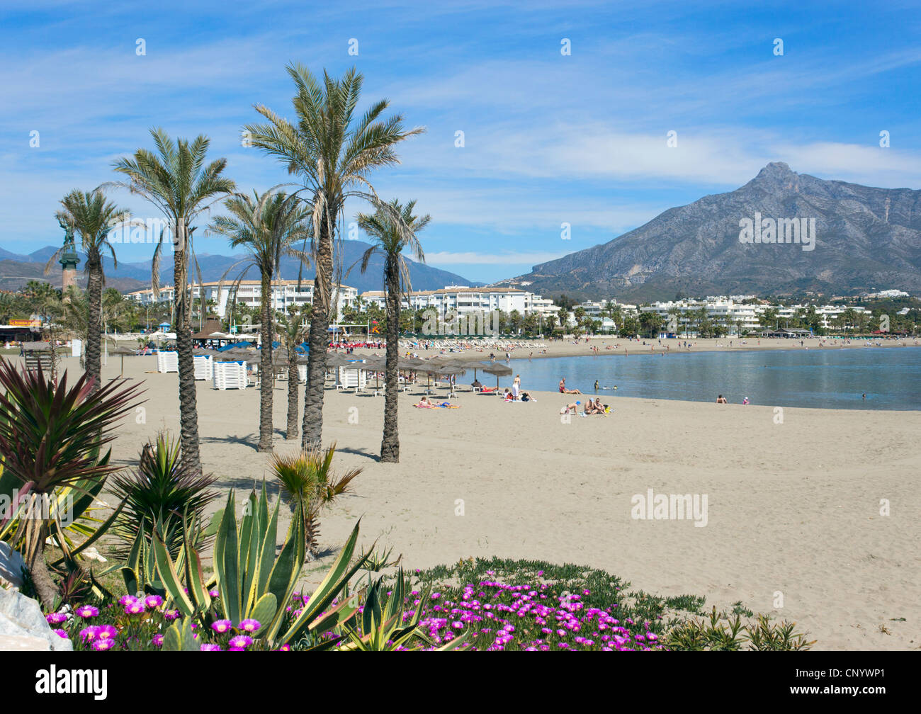 Puerto Banus a Marbella, Costa del Sol, Andalusia. Vista della spiaggia di La Concha mountain in background. Foto Stock