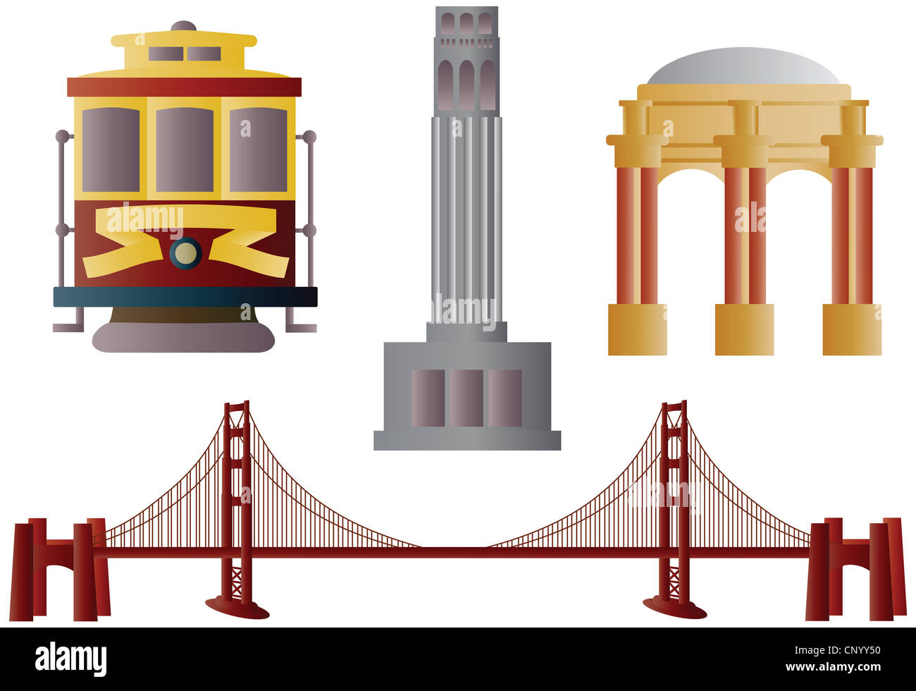 San Francisco Golden Gate Bridge Carrello Coit Tower e il Palazzo delle Belle Arti illustrazione Foto Stock