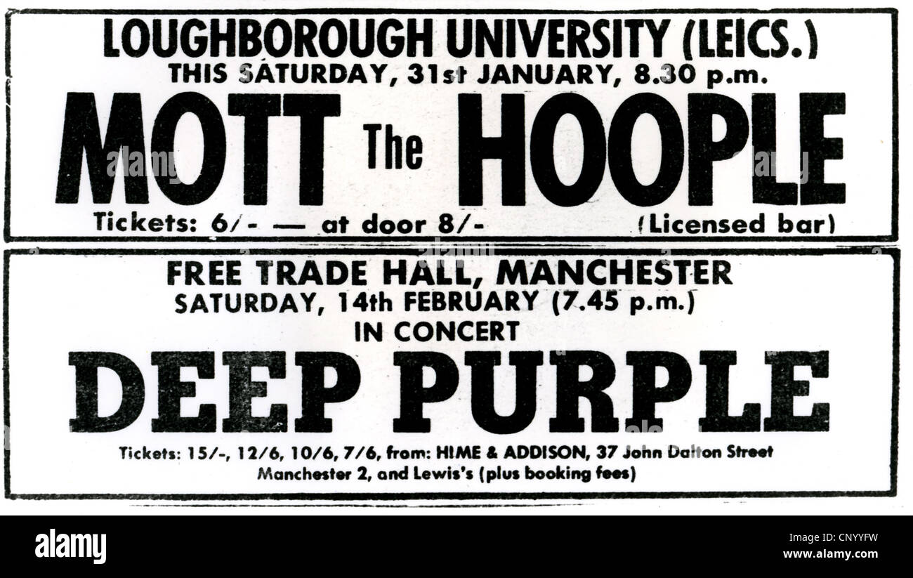DEEP PURPLE a Manchester il loro tour europeo nel febbraio1970 e Mott the Hoople in Loughborough nel gennaio di tale anno Foto Stock