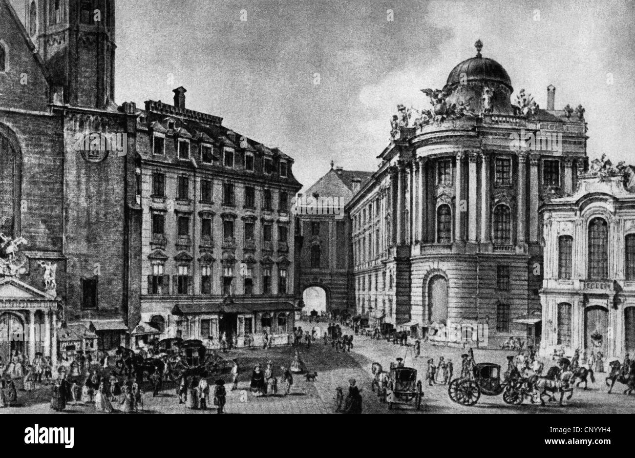 Geografia / viaggio, Austria, Vienna, Burgtheater (Teatro di Corte) a Michaelsplatz, riproduzione di incisioni di C. Schuetz, fine XVIII secolo, storico, teatro, edificio, edifici, architettura, scena stradale, scene di strada, pedoni, pedoni, passerby, passeri, piazza, piazza, Europa centrale, centro città, centro città, centro storico, città, centro urbano, gente Diritti-aggiuntivi-clearences-non-disponibili Foto Stock