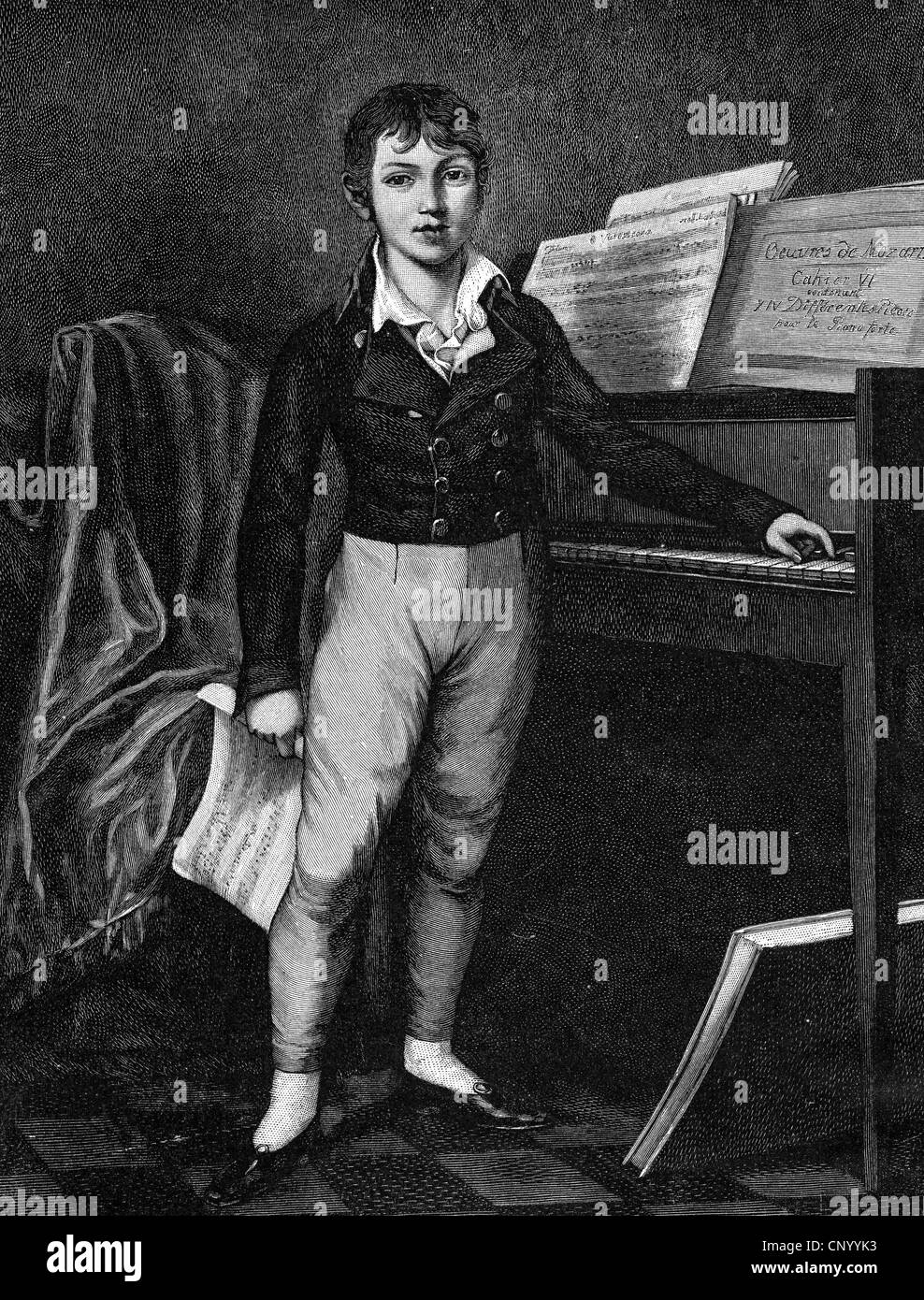 Meyerbeer, Giacomo, 5.9.1791 - 2.5.1864, musicista tedesco (compositore), a tutta lunghezza, come ragazzo di sette anni, basato sulla pittura di Friederike Liszevska, incisione in legno, 19th secolo, Foto Stock