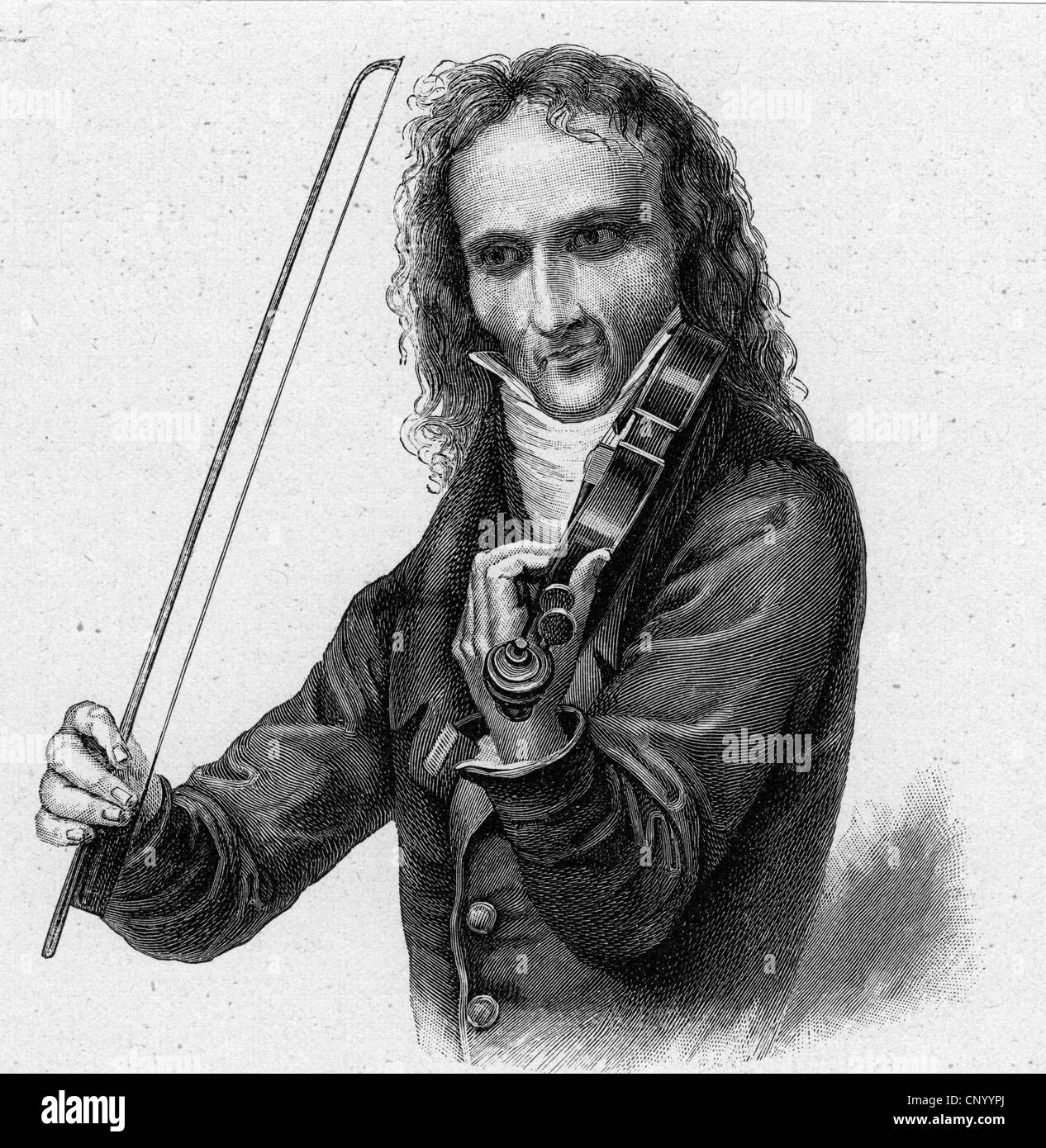 Paganini, Niccolo, 27.10.1782 - 27.5.1840, musicista italiano (violinista), a mezza lunghezza, con violino, dopo litografia di Begas, incisione in legno, 19th secolo, Foto Stock